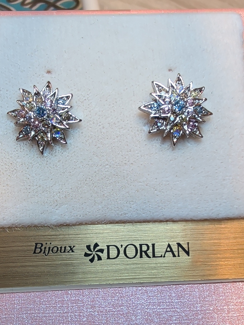 D'ORLAN Multicolor Starburst Rhodium Plated Swarovski Crystal Stud Earrings New